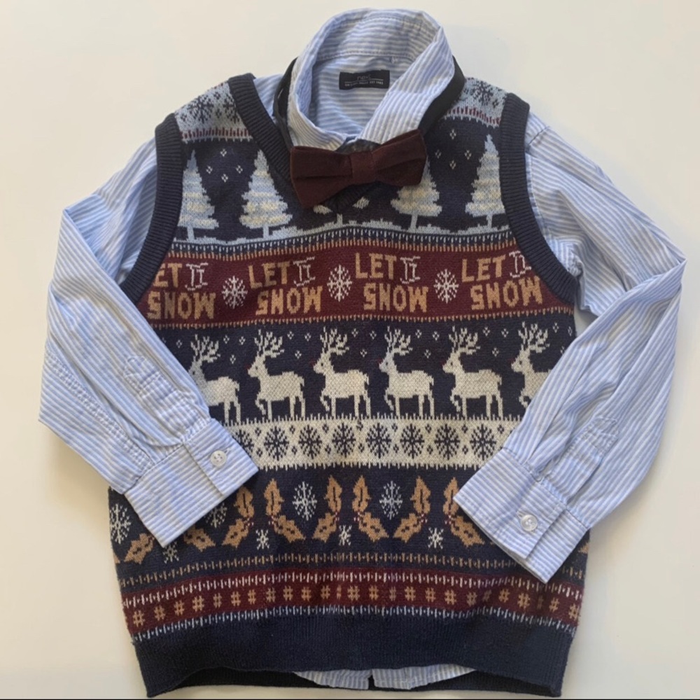 Next Christmas Sweater Vest, collared shirt and bow tie.